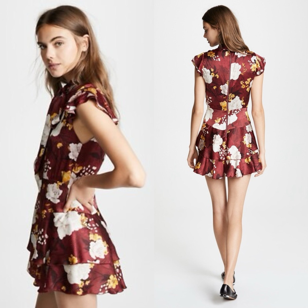 Alice + Olivia Burgundy Floral Mini Dress with White & Mustard Accents - Picture 2 of 8